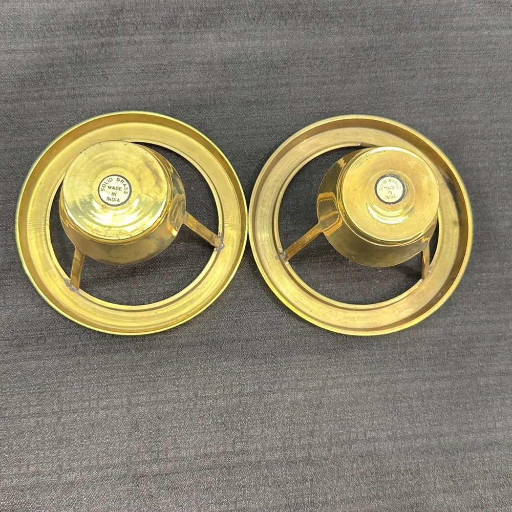 Vtg Crate & Barrel Set 2 Blown Glass Bowls W/Solid Brass Candle Inserts Stickers